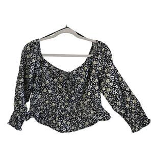 Jun & Ivy Womens L Black/Yellow Floral Print Smock Waist Blouse Fairy/Gypsy